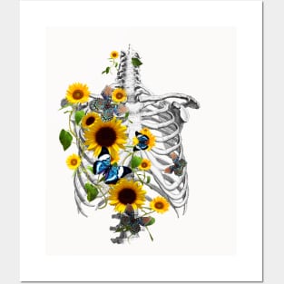 Botanical human skeleton art, Rib cage and flowers, sunflowers and butterflies ribcage Posters and Art